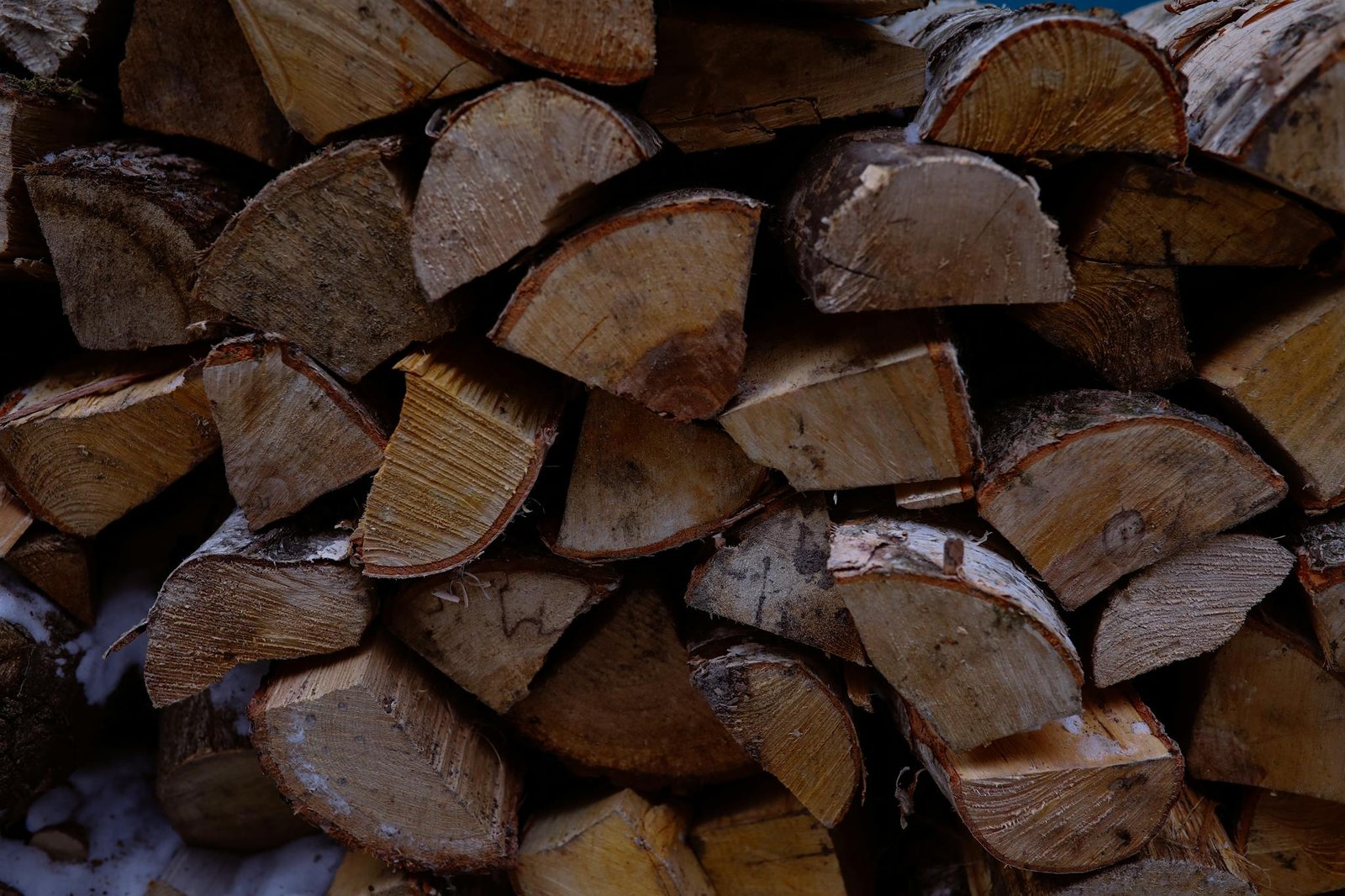 Close-up shot of neatly stacked firewood pieces in natural setting.
